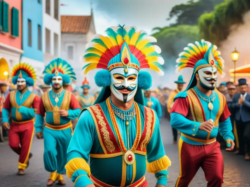 Patrocinar Carnaval Uruguayo beneficios: Detallada acuarela de vibrante desfile de Carnaval en Uruguay, con trajes coloridos y danzas entusiastas