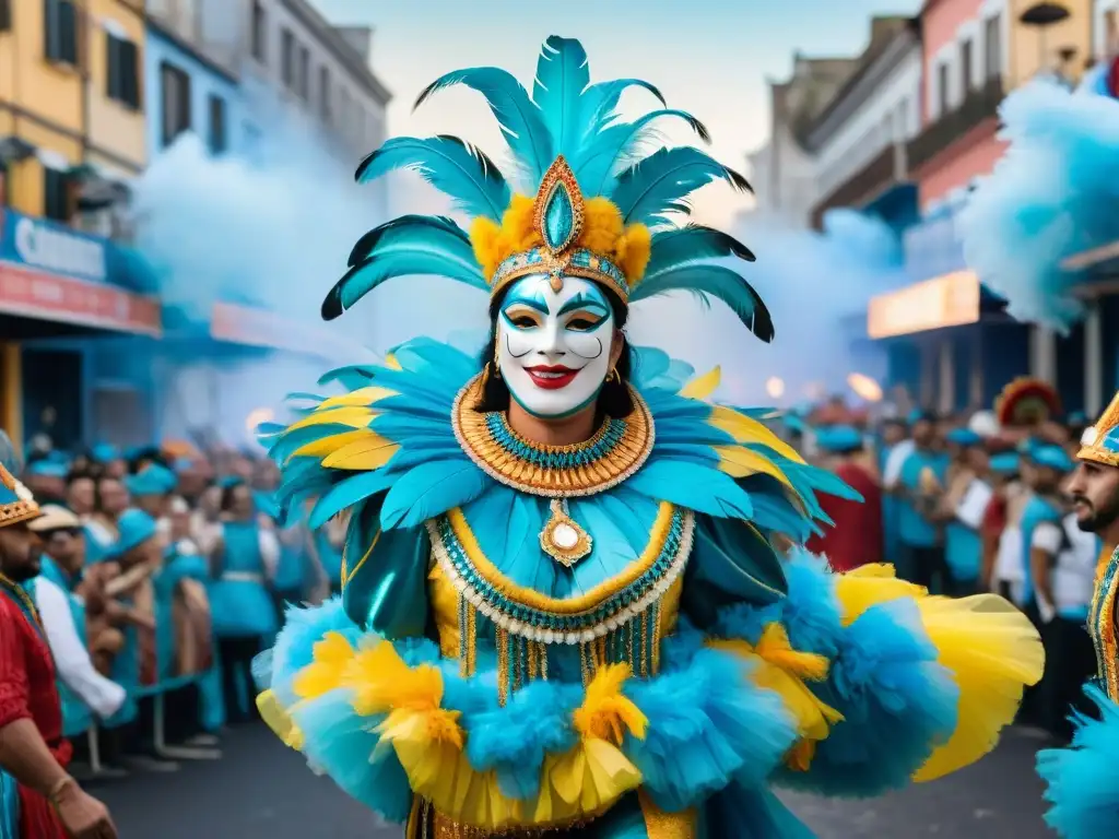 Float del Carnaval Uruguayo: Innovación en el Branding con plumas coloridas, diseños intrincados y figuras animadas en acuarela