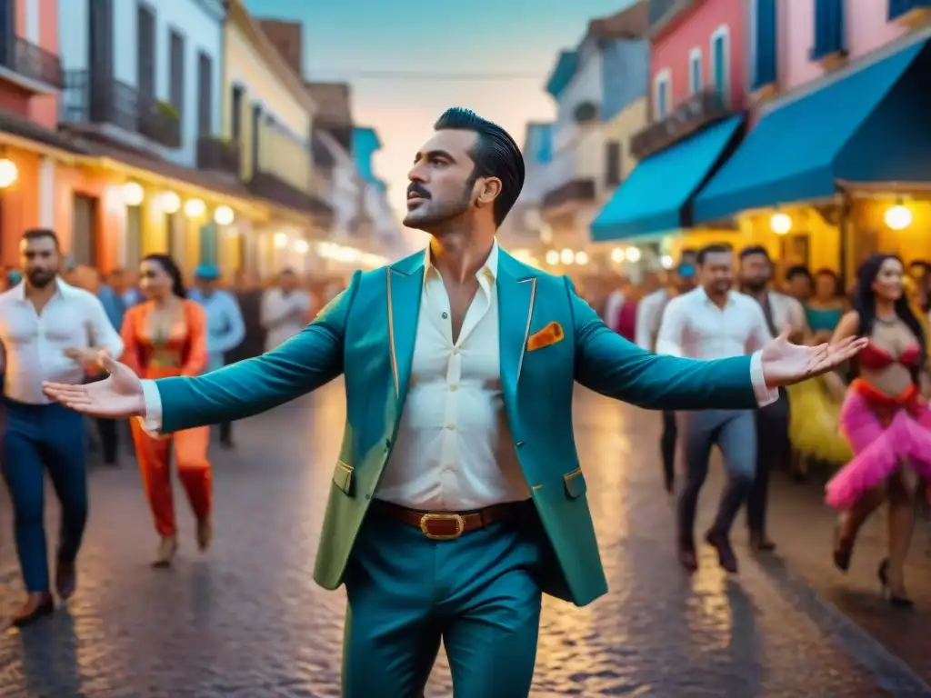 Fernando Cabrera en Carnaval Uruguayo: actuando en una calle vibrante entre la multitud festiva y colorida bajo el cielo nocturno