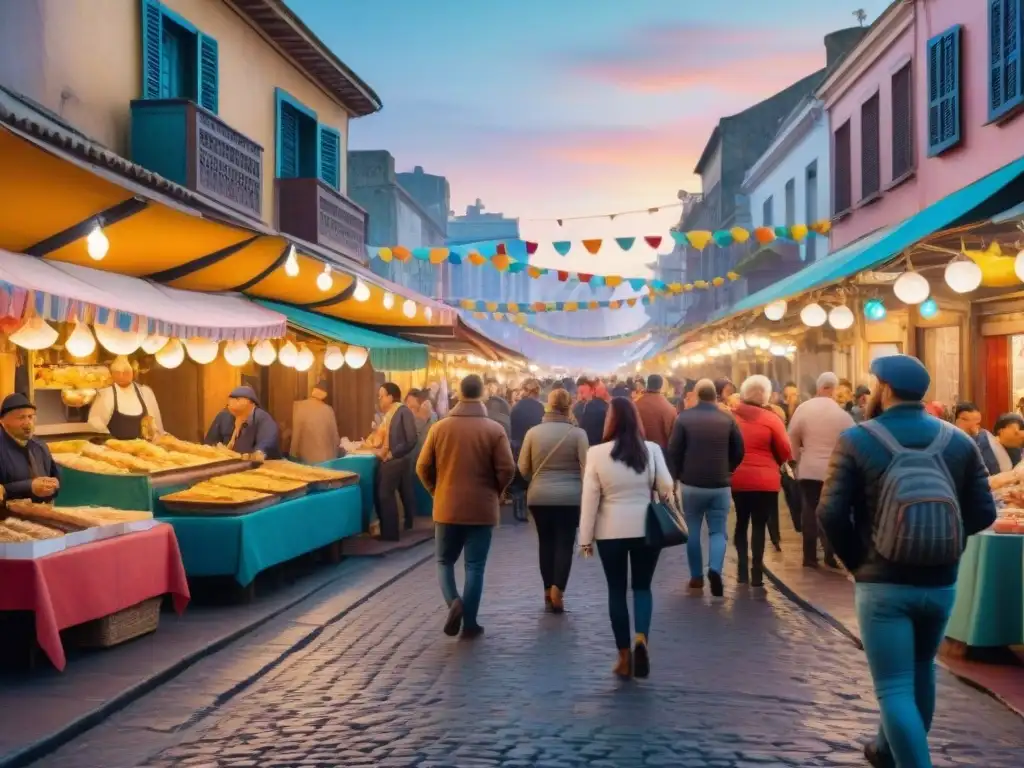 Disfruta del Carnaval Uruguayo con sus colores, comida típica y ambiente festivo en Montevideo al atardecer