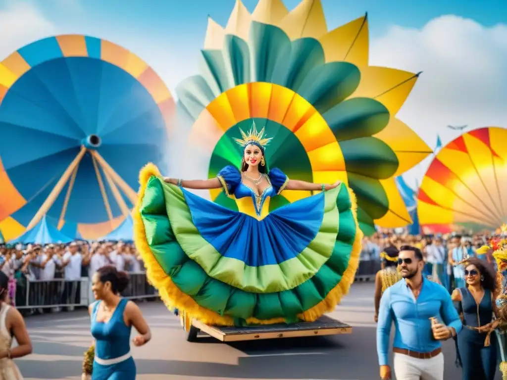 Flotando en el Carnaval Uruguayo, una colorida carroza con energía renovable y bailarines alegres