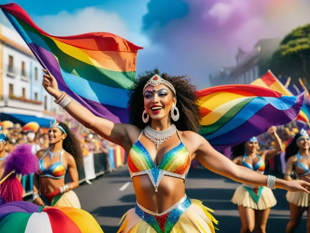 Comparsas LGBT+ en Carnaval Uruguayo: Celebración colorida y festiva con danzas, banderas y alegría inclusiva