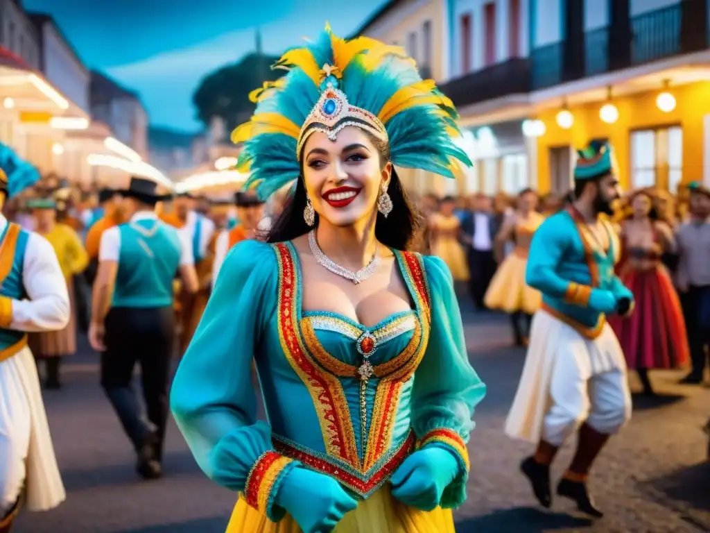 Fotografía del Carnaval Uruguayo: Coloridos bailarines y animada multitud en celebración tradicional