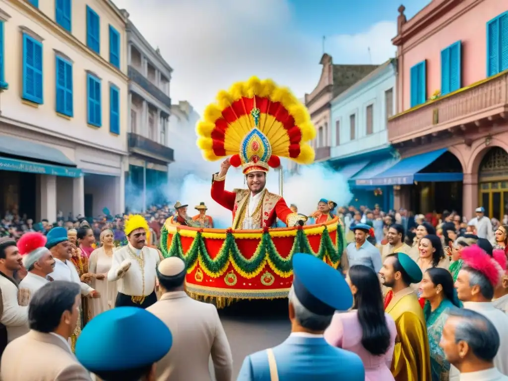 Fotografía del Carnaval Uruguayo con coloridos desfiles de carros alegóricos y vibrante música tradicional en las calles