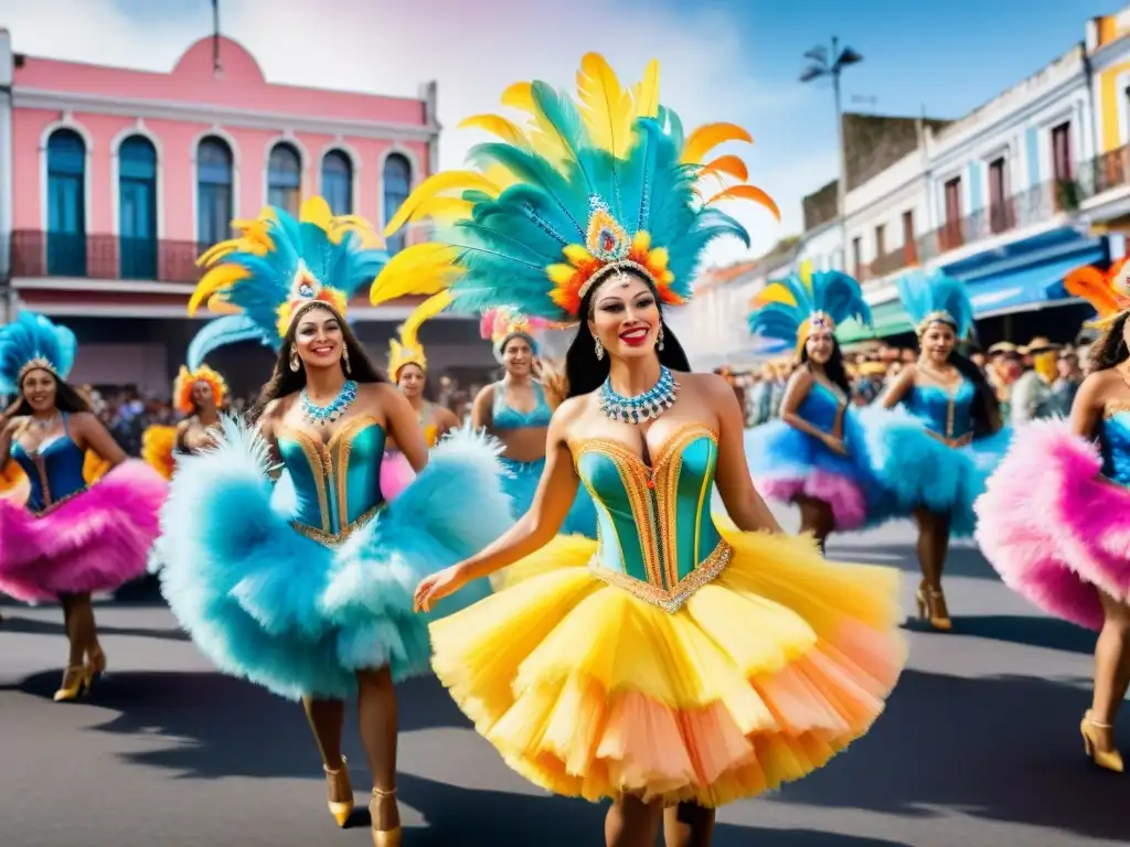 Fotografía del Carnaval Uruguayo: Desfile de bailarines con trajes brillantes y coloridos, bajo un cielo festivo