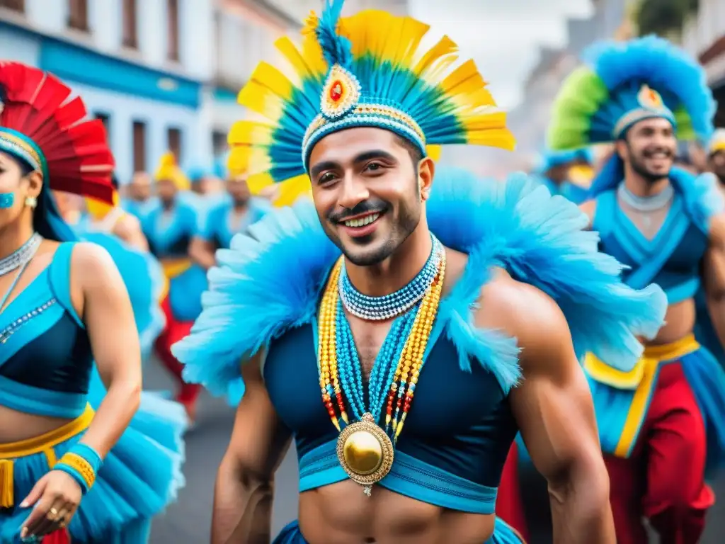 Transformación artística Carnaval Uruguayo: Desfile de Carnaval con bailarines de Escuelas de Samba en Uruguay