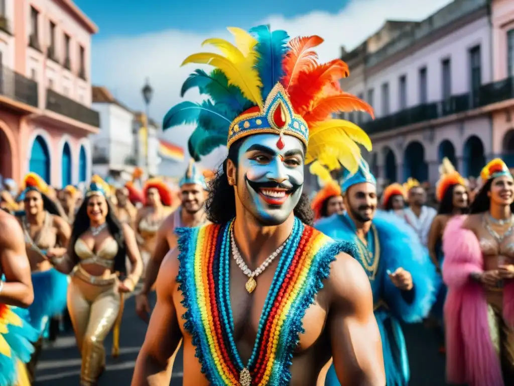 Comparsas LGBT+ en Carnaval Uruguayo: Desfile colorido y alegre con música tradicional y espectadores felices