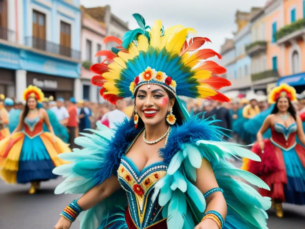 Fotografía del Carnaval Uruguayo: Desfile vibrante con danzas, disfraces y arquitectura histórica