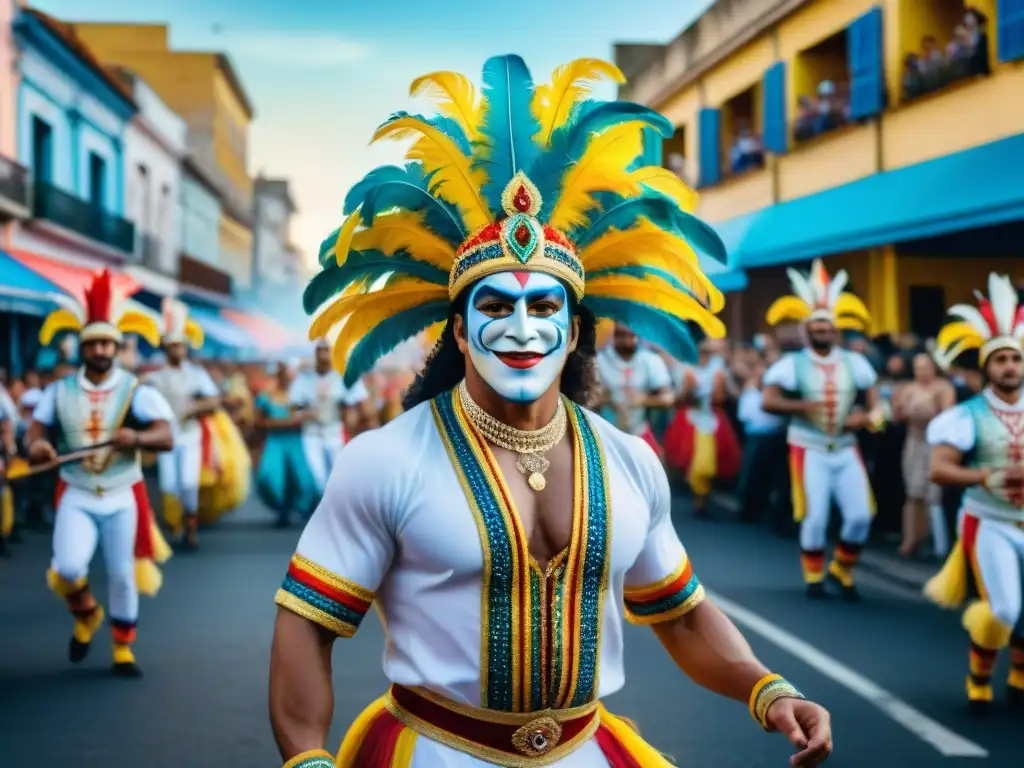 Transformación artística Carnaval Uruguayo: Desfile vibrante con carrozas coloridas y murgas creativas en las calles de Uruguay