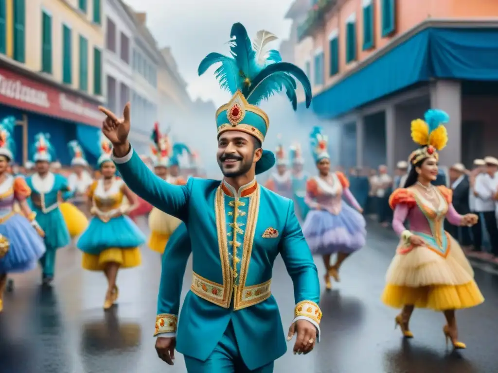 Diseño en el Carnaval Uruguayo: Detallada acuarela de desfile vibrante y colorido con músicos y carrozas festivas