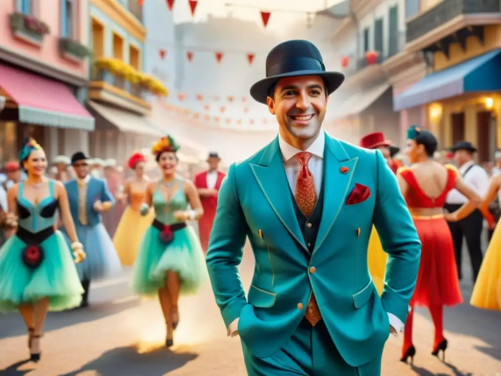 Carlos Gardel en el Carnaval Uruguayo: ilustración detallada con colores vibrantes y bailarines, capturando su influencia