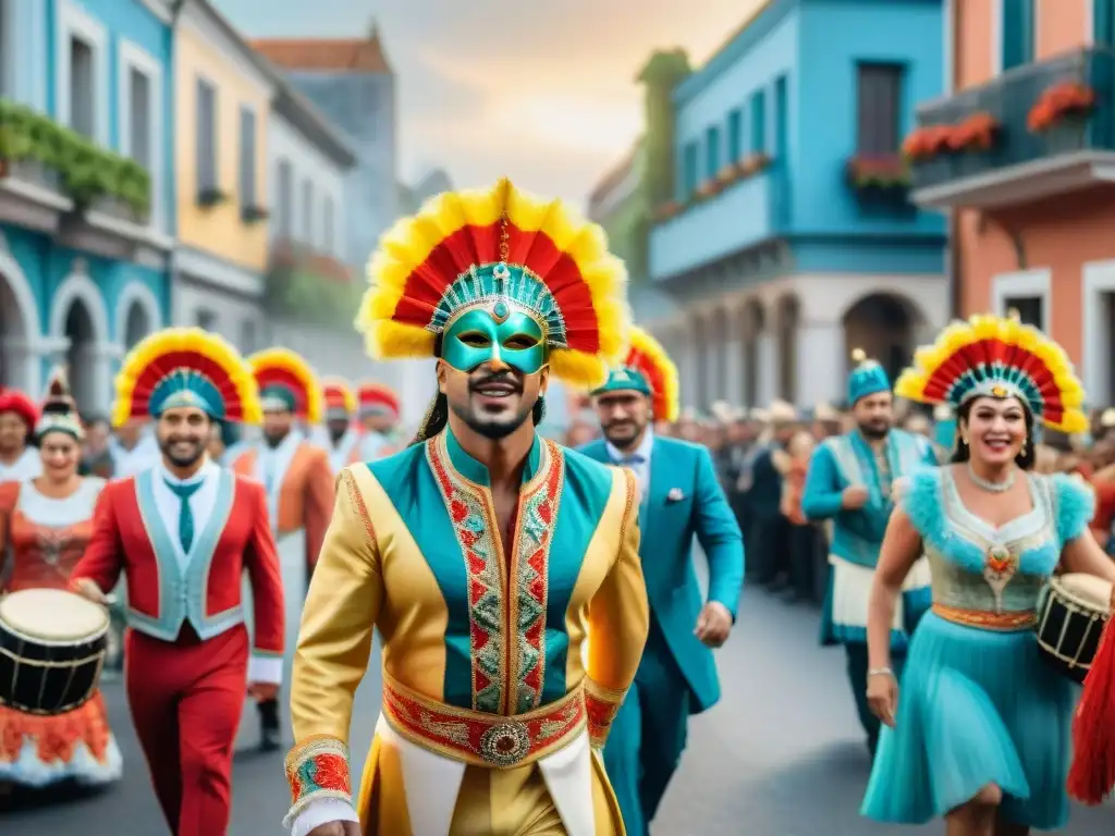 Transformación artística del Carnaval Uruguayo: ilustración acuarela 8k detallada de vibrante desfile con trajes coloridos y música en Uruguay