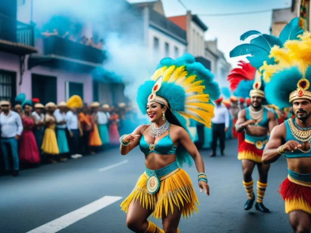 Transformación artística del Carnaval Uruguayo: Detallada ilustración acuarela de un vibrante desfile de Carnaval en Uruguay