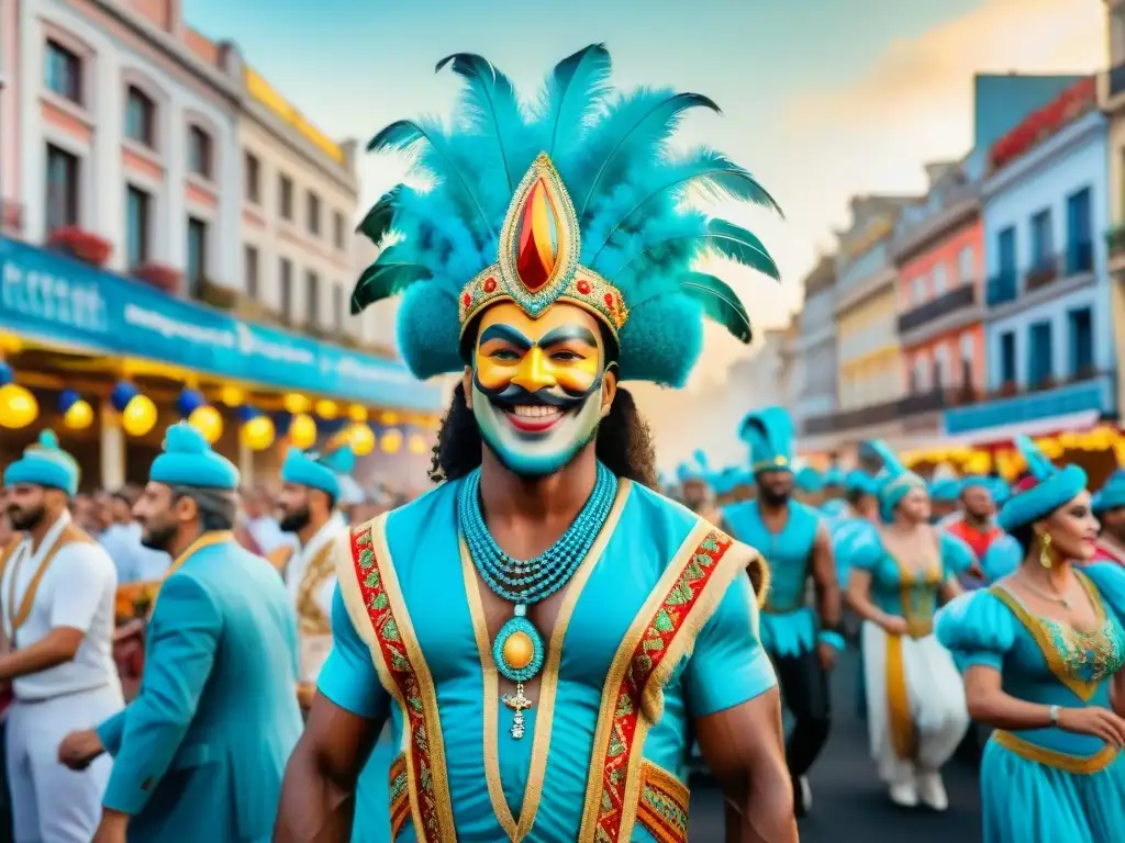 Fotografía del Carnaval Uruguayo: Detalle colorido y alegre de desfile con carrozas, bailarines y espectadores vibrantes