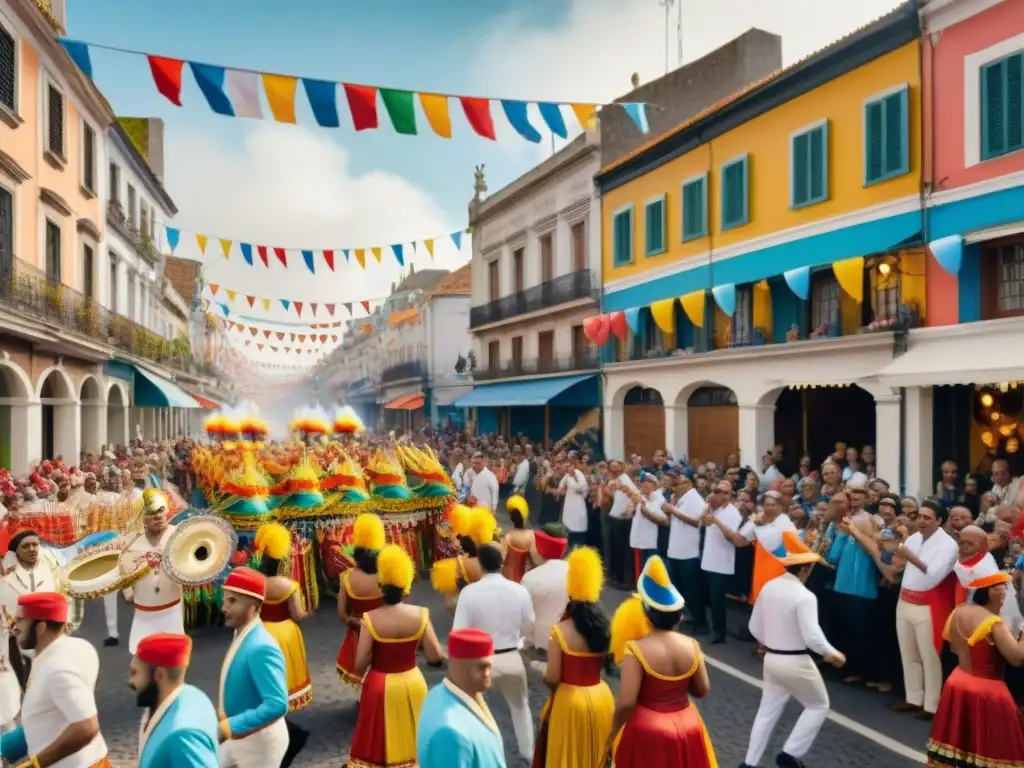 Transformación del Carnaval Uruguayo en digital: Desfile vibrante con carros alegóricos, trajes coloridos y bailes al ritmo del candombe