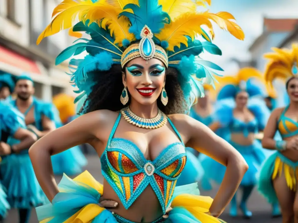 Diseño en el Carnaval Uruguayo: Grupo de bailarines vibrantes en trajes coloridos y detallados, exudando energía y pasión en un desfile festivo