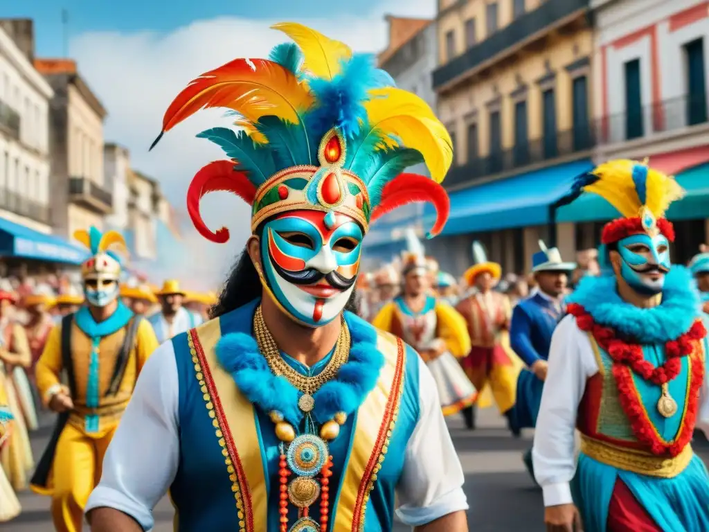 Disfruta la evolución del Carnaval Uruguayo en imágenes: vibrante desfile con coloridos trajes y máscaras, danzas alegres y música festiva