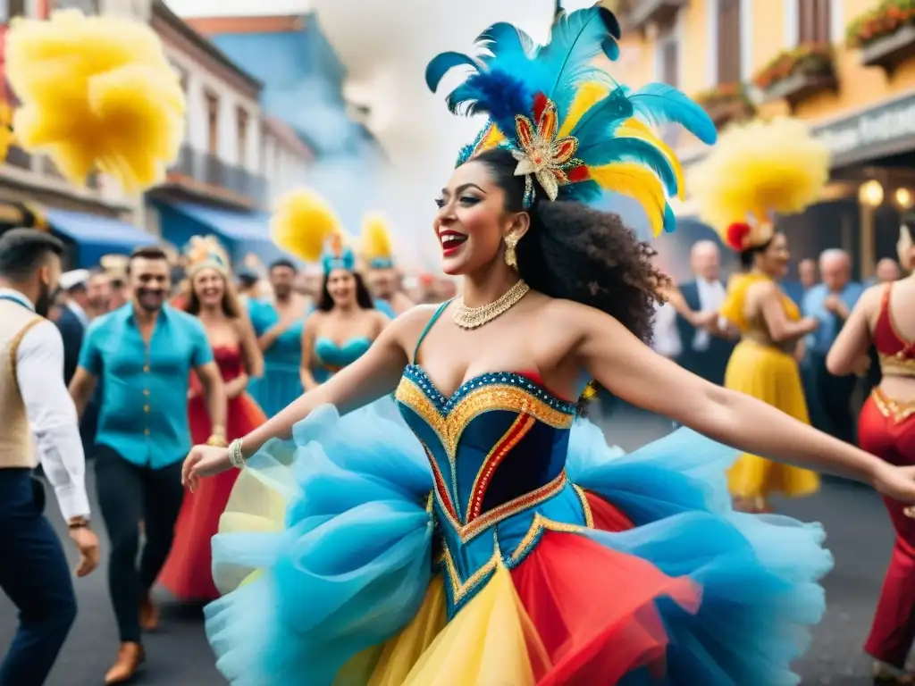 Un carnaval uruguayo lleno de alegría: artistas coloridos bailando entre una multitud festiva