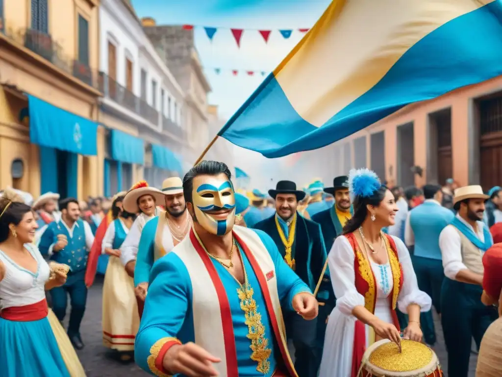 Disfruta del Carnaval Uruguayo como local: calles llenas de color, música alegre y gente bailando en trajes tradicionales vibrantes