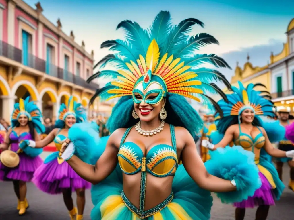 Disfruta del Carnaval Uruguayo como local: danzas coloridas y música festiva entre edificios coloniales y palmeras