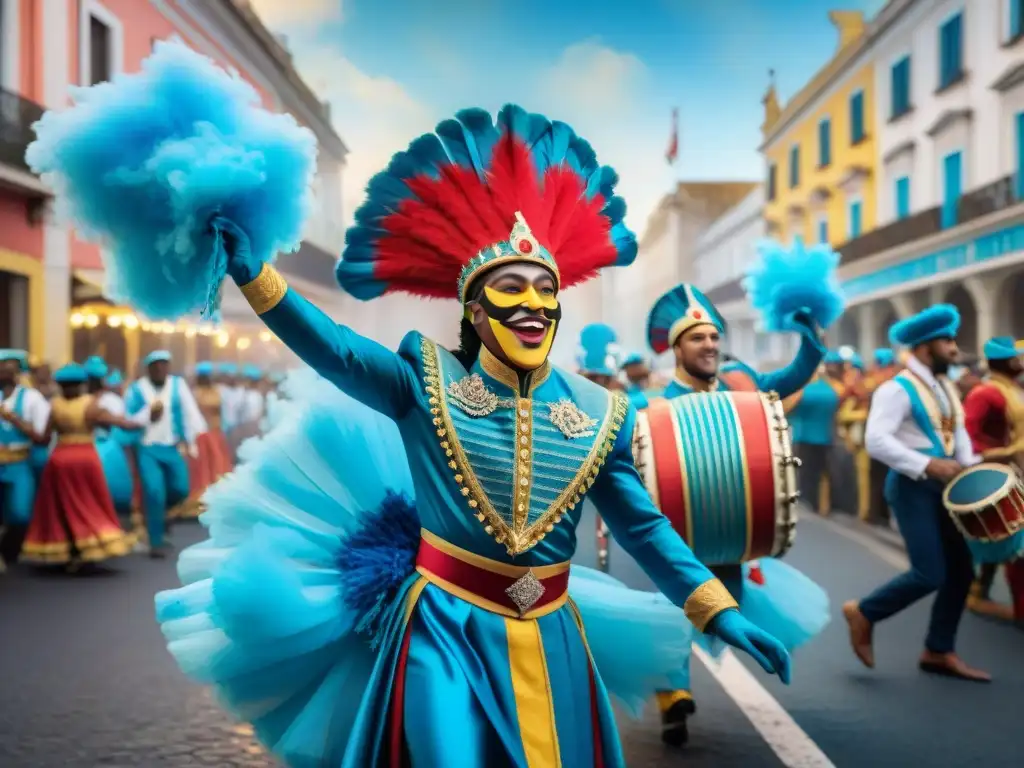 Vive el Carnaval Uruguayo como local: vibrante ilustración acuarela de una bulliciosa calle de carnaval en Uruguay