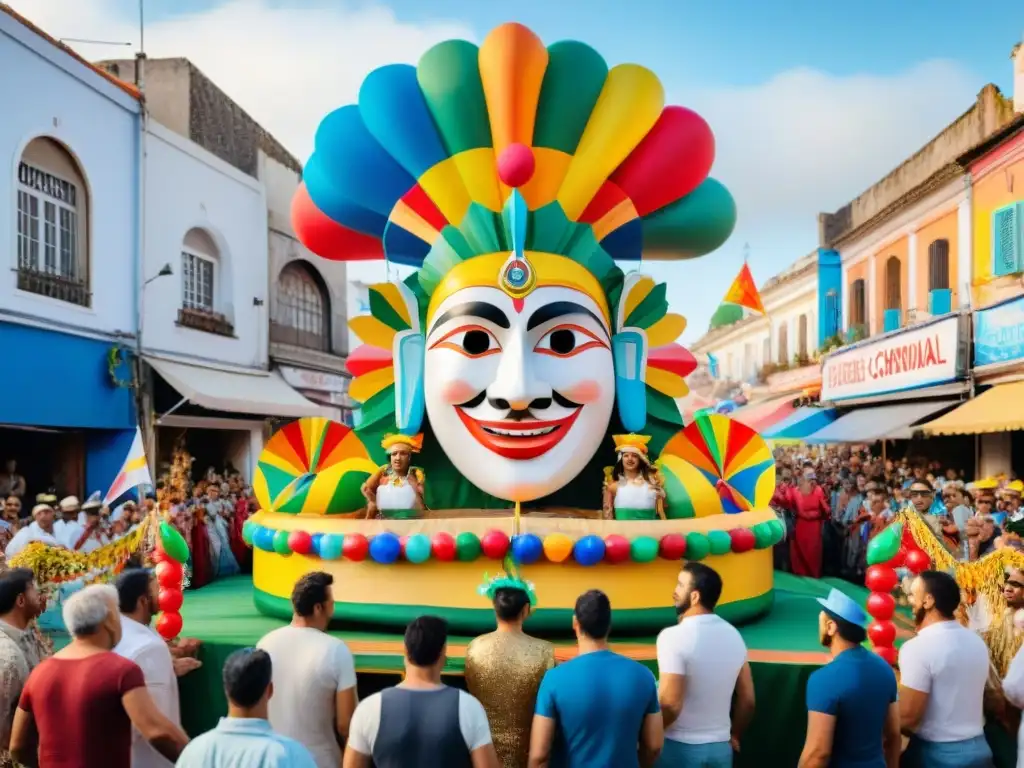 Float del Carnaval Uruguayo con materiales reciclados y trajes ecofriendly, fusionando creatividad y sostenibilidad