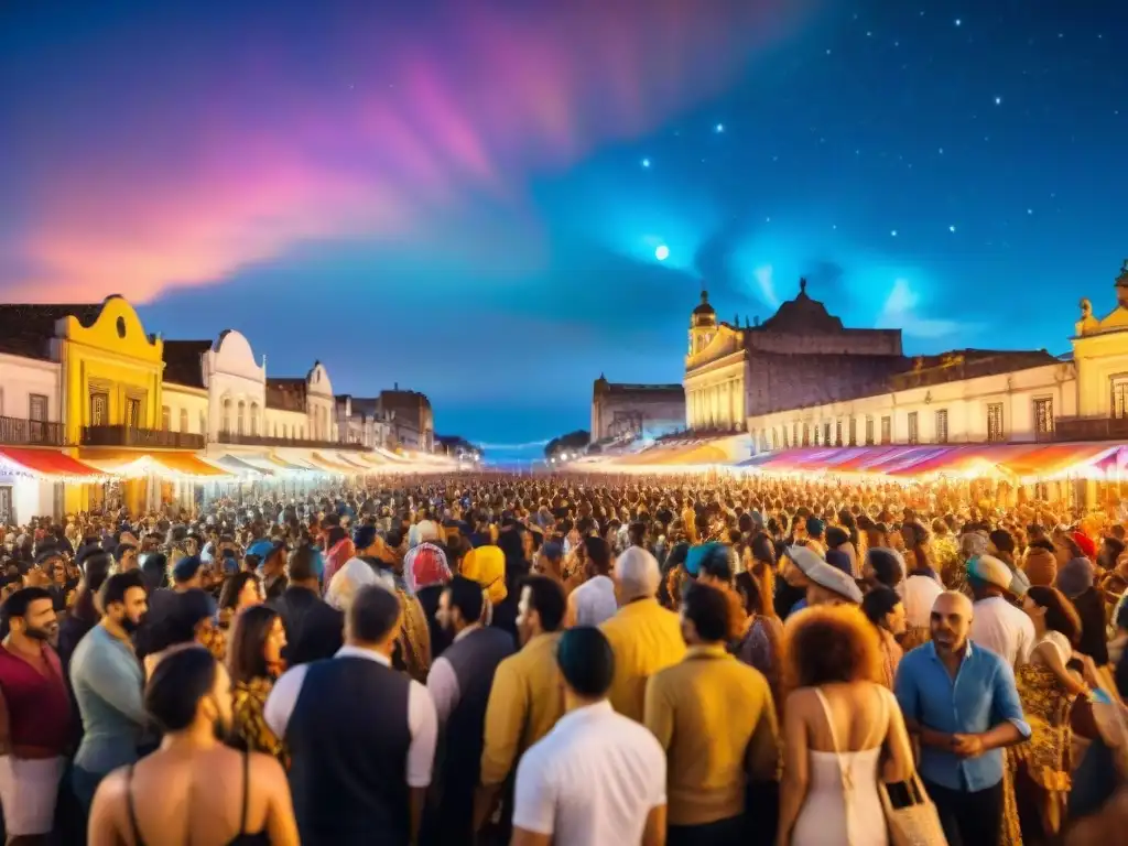 Fotografiar Carnaval Uruguayo de Noche: Deslumbrante escena nocturna de un vibrante carnaval en Uruguay, con coloridos flotantes y gente bailando