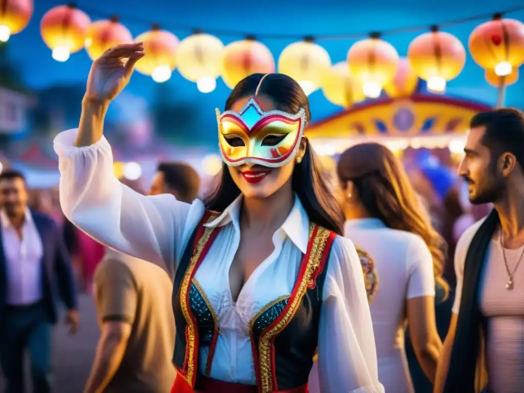 Fotografiar Carnaval Uruguayo de Noche: Un vibrante cuadro de acuarela que muestra la energía y emoción de un bullicioso carnaval nocturno en Uruguay