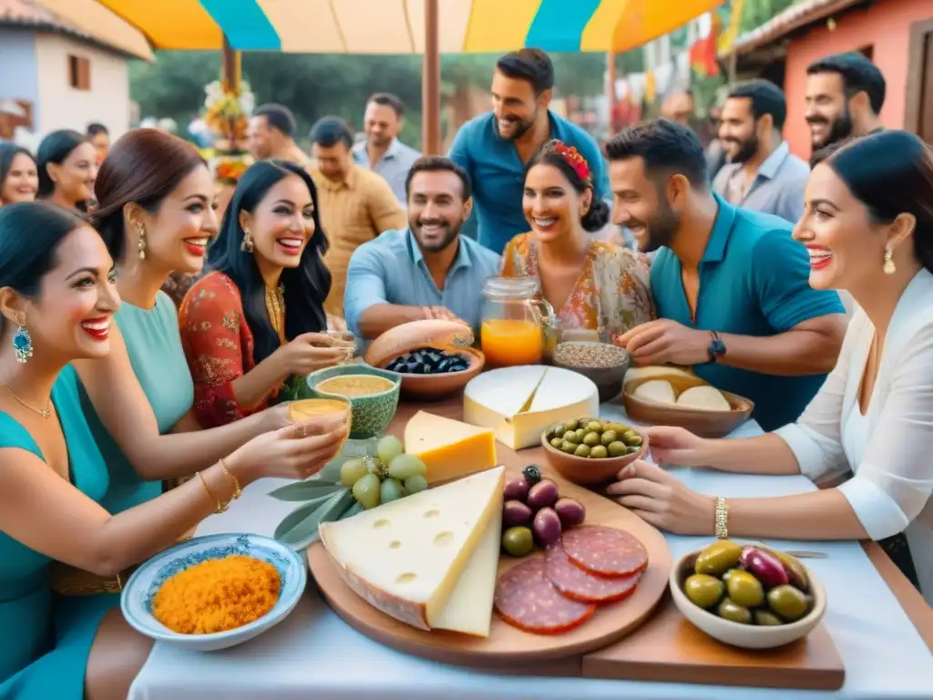 Celebración del Carnaval Uruguayo con picadas: gente alegre alrededor de una mesa llena de comida tradicional