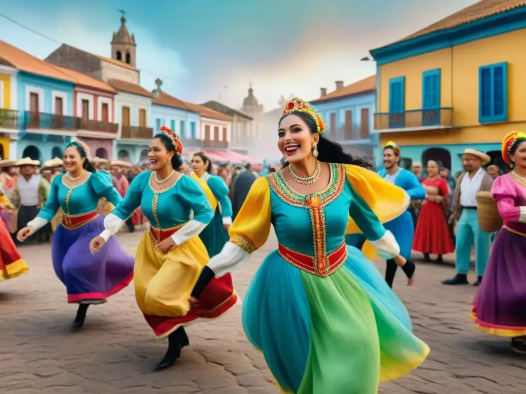 Celebra el Carnaval Uruguayo en un pueblo rural con coloridos trajes y danzas folclóricas