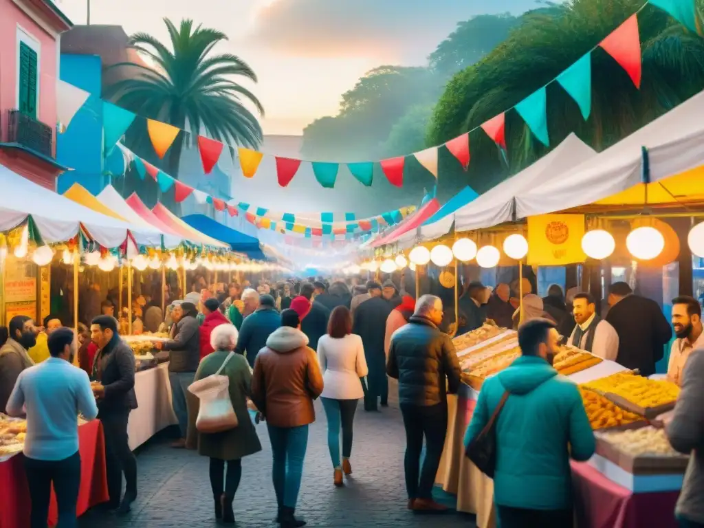 En el Carnaval Uruguayo, puestos de comida ofrecen delicias bajo banderas coloridas y streamers, creando una atmósfera festiva