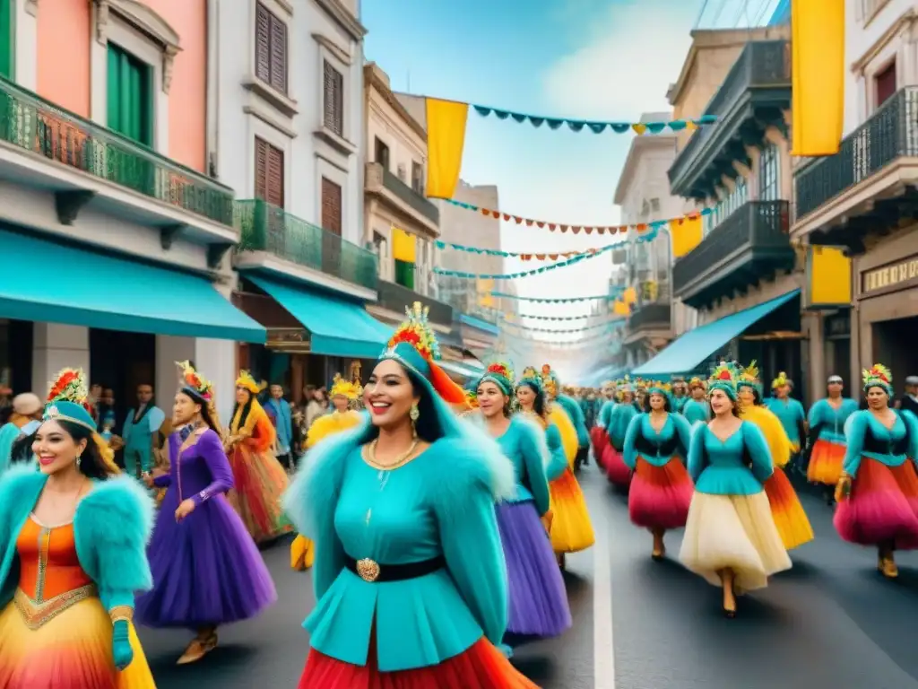 Carnaval Uruguayo sostenible: vibrante calle de Montevideo, colores, música y baile entre edificios históricos y banderas decorativas