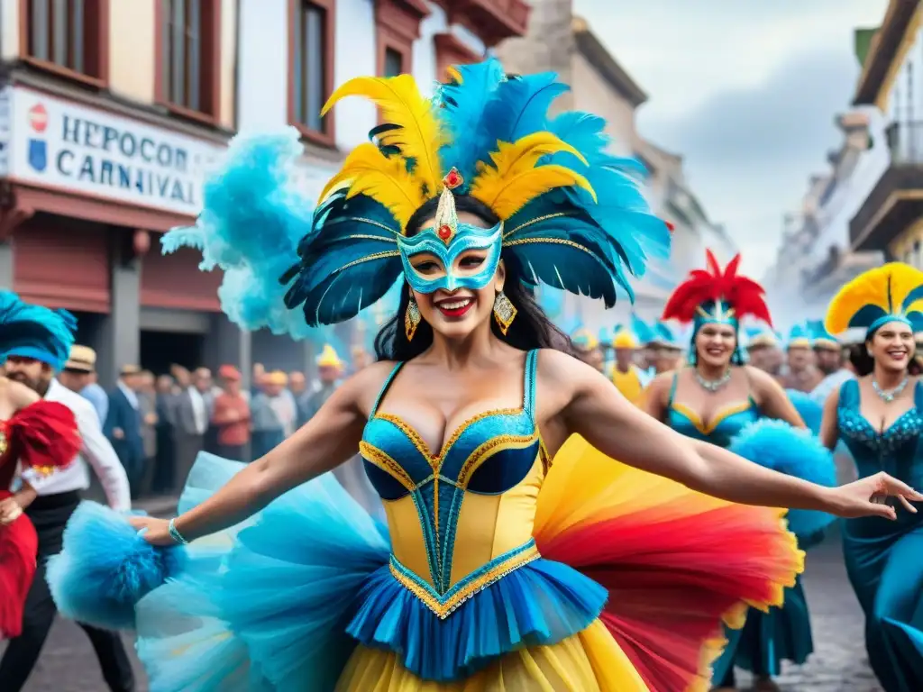 Celebra el Carnaval Uruguayo con un vibrante y colorido desfile de bailarines y espectadores