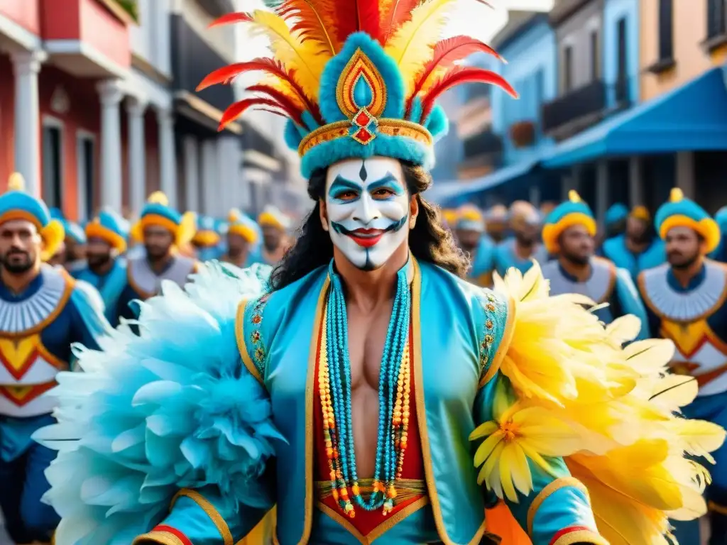 Diseño en el Carnaval Uruguayo: vibrante desfile con trajes tradicionales, carrozas coloridas y bailarines energéticos