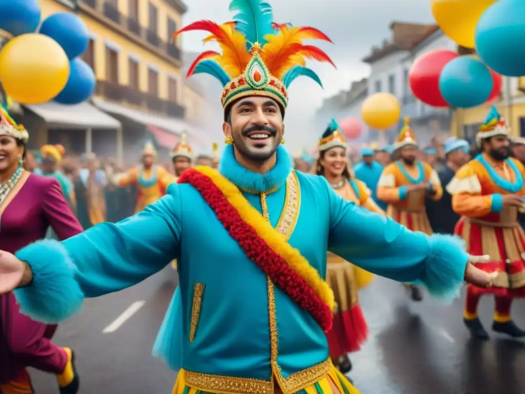 Transformación artística del Carnaval Uruguayo: un vibrante desfile capturado en acuarela, con floats y bailarines coloridos