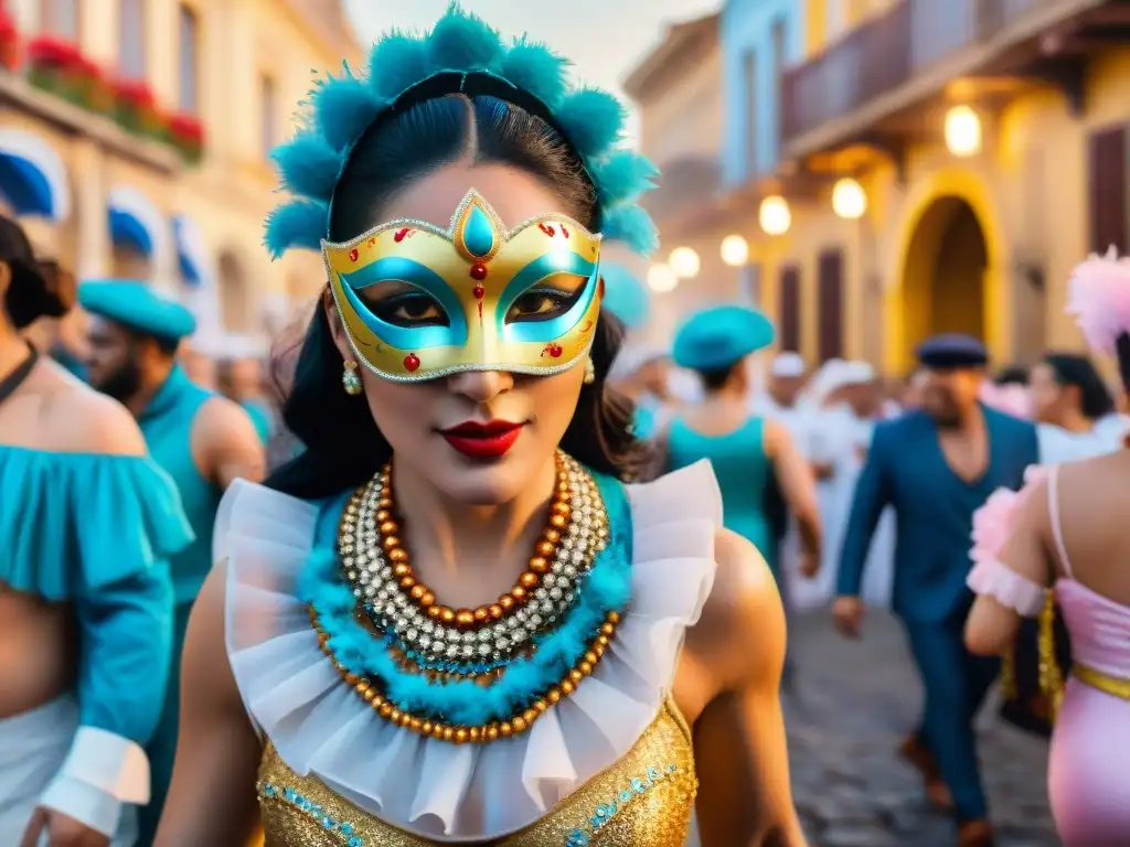 Un rincón secreto del Carnaval Uruguayo: vibrantes disfraces, máscaras intrincadas y bailarines alegres entre arquitectura detallada y confeti