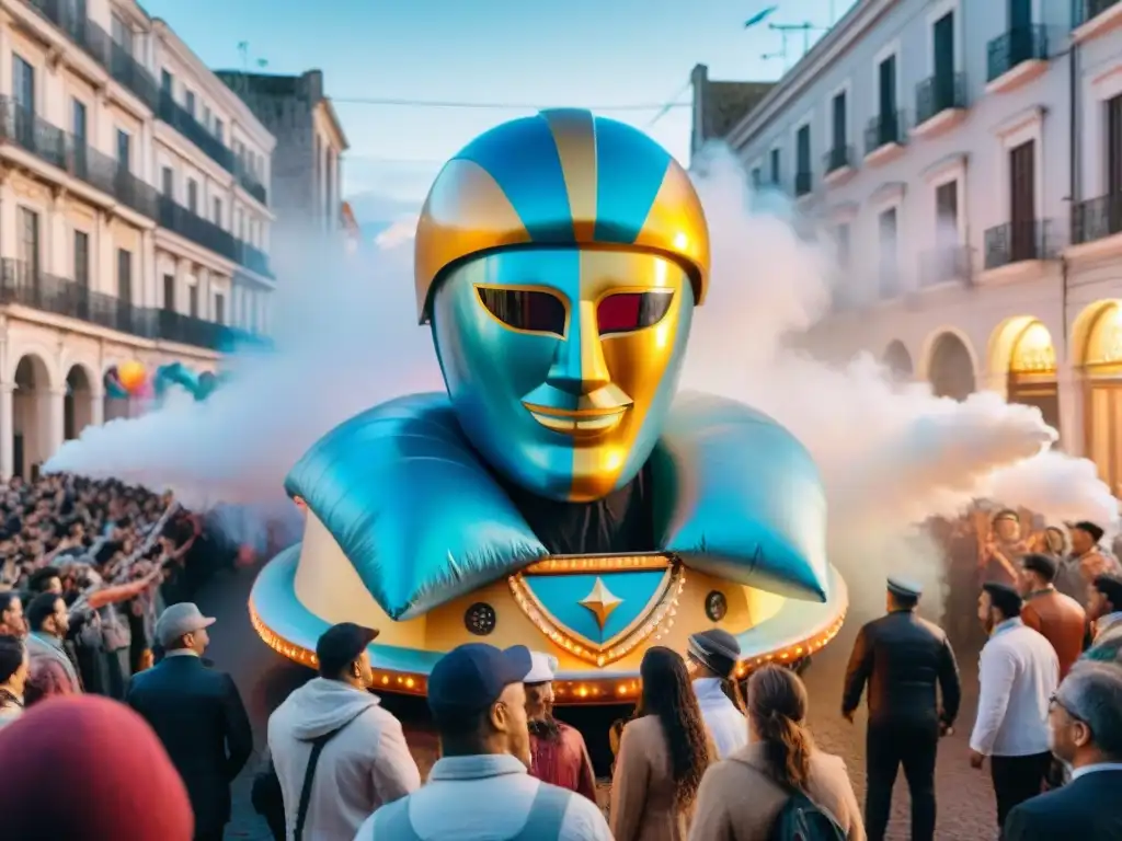 Un carro alegórico futurista en el Carnaval Uruguayo con tecnología innovadora y coloridos participantes en trajes festivos