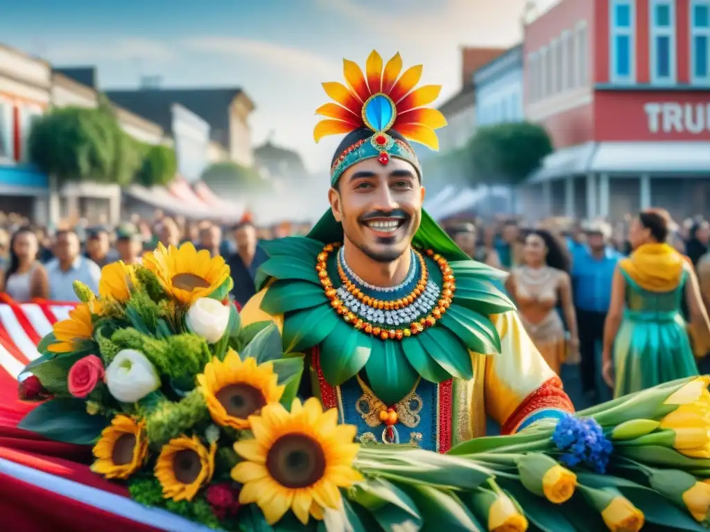 Carroza ecoamigable en el Carnaval Uruguayo: un desfile vibrante y colorido con materiales sostenibles y detalles intrincados