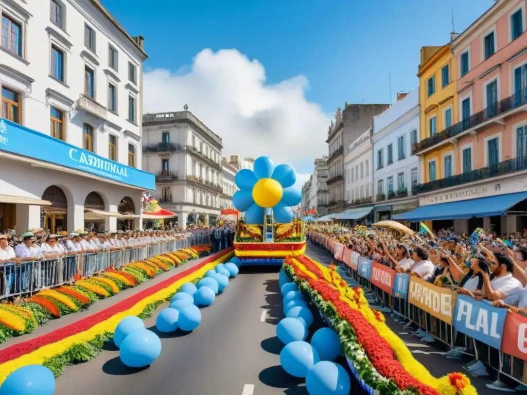 Carrozas ecoamigables en el Carnaval Uruguayo, desfile colorido y sostenible bajo el cielo azul