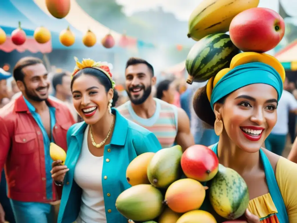 Celebración de Carnaval en Uruguay con alimentación saludable: gente diversa disfrutando de frutas coloridas como mangos y sandías