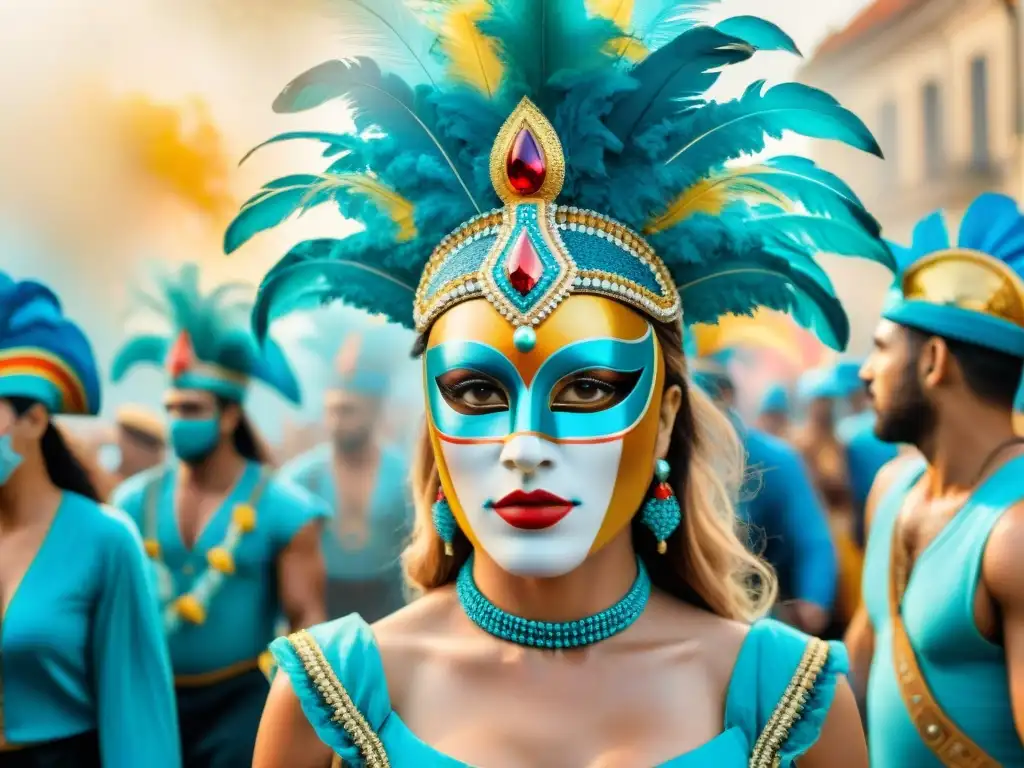 Una celebración del Carnaval Uruguayo se transforma en digital, fusionando lo tradicional con lo virtual en una obra de arte visualmente cautivadora