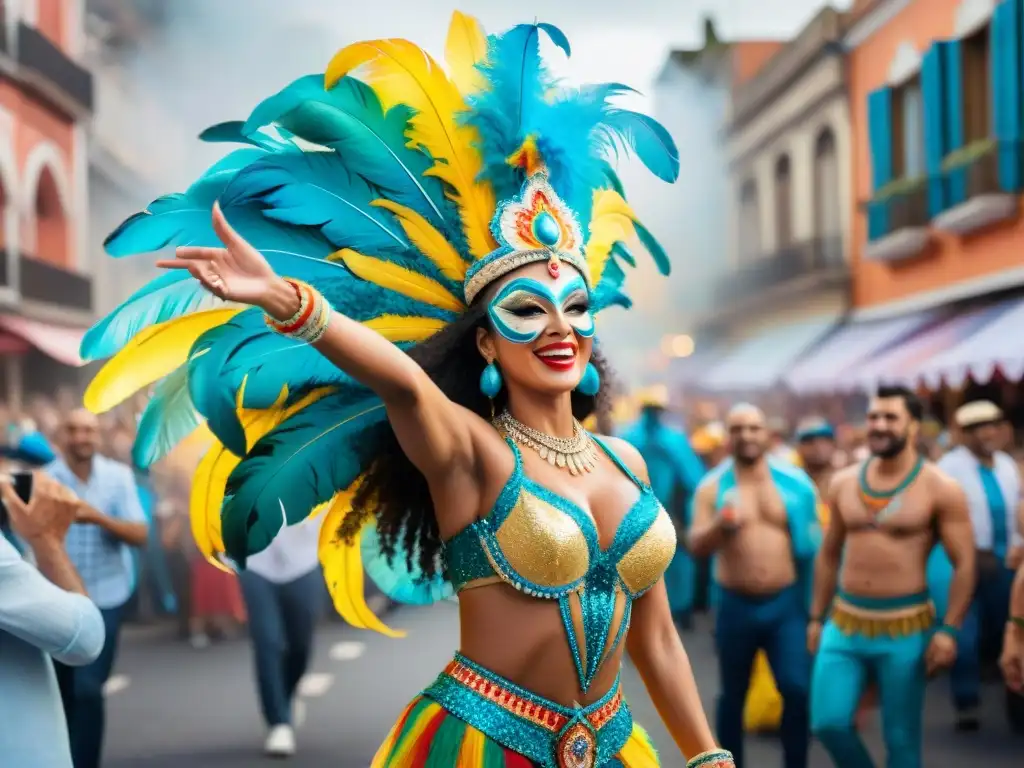 Una celebración del Carnaval Uruguayo en el mundo: ¡una escena vibrante y llena de vida con deslumbrantes trajes y música alegre!