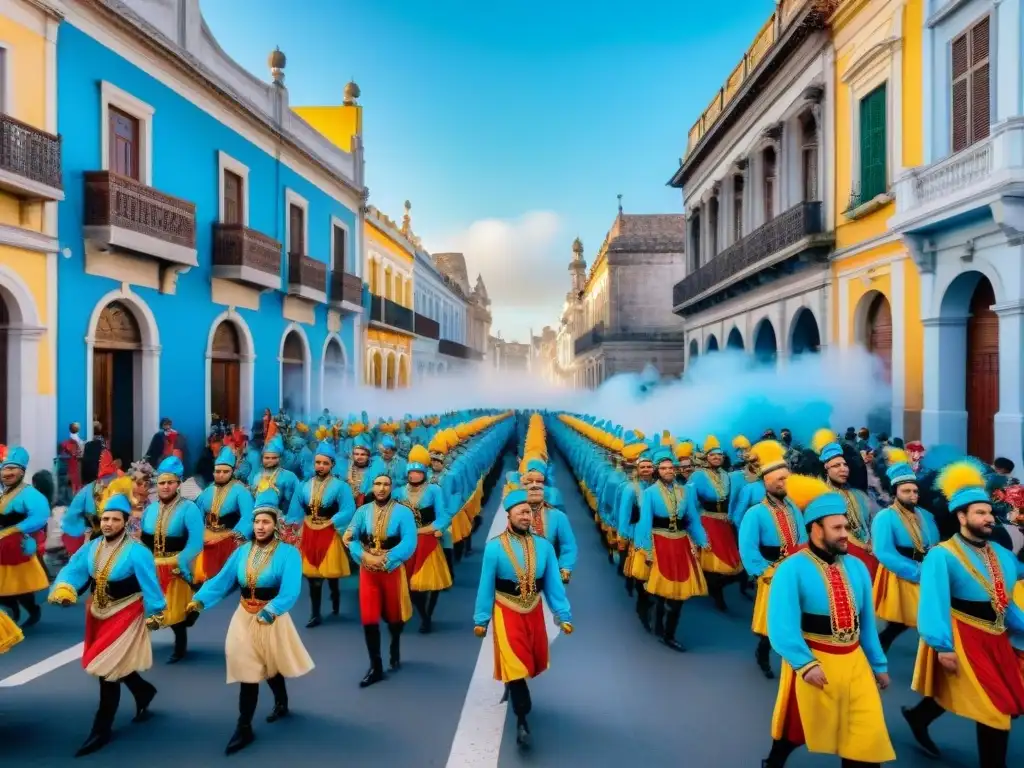 Deslumbrante celebración ecoeficiente del Carnaval Uruguayo: desfile colorido, música y danzas en un escenario colonial festivo bajo el cielo azul