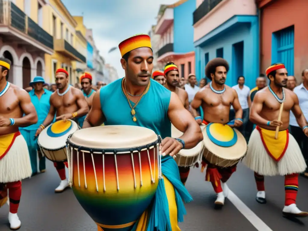 Vibrante candombe: diversidad y ritmo en Montevideo Celebración multicultural en Montevideo: vibrante candombe uniendo edificios históricos y banderas coloridas