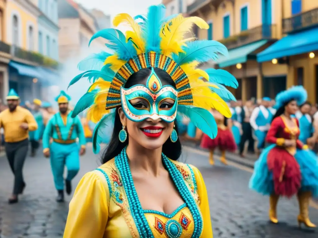 Una celebración única del Carnaval Uruguayo: coloridos bailarines, música alegre y espectadores disfrutando en las animadas calles empedradas