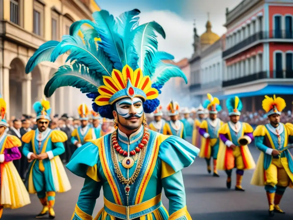 Una celebración vibrante del Carnaval Uruguayo en el siglo XX, con desfiles, música y espectadores maravillados