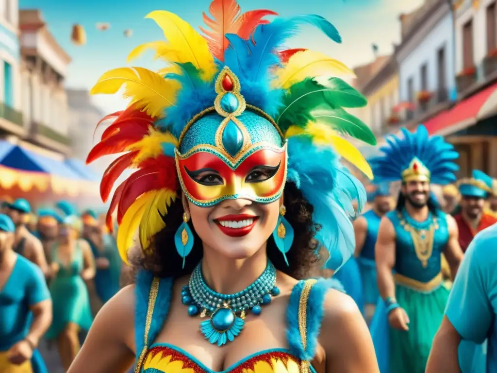 Una celebración vibrante del Carnaval Uruguayo: desfiles coloridos, máscaras intrincadas y danzas en trajes elaborados