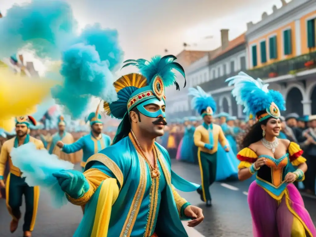 Una celebración vibrante del Carnaval Uruguayo con detallados trajes, músicos y espectadores, capturando la rica herencia cultural