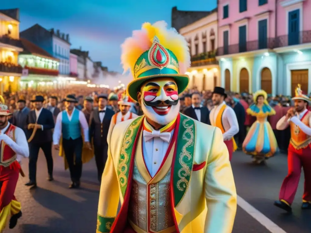 Una celebración vibrante y colorida del Carnaval en Uruguay, desfile con floats y bailarines, historia y tradición en cada detalle