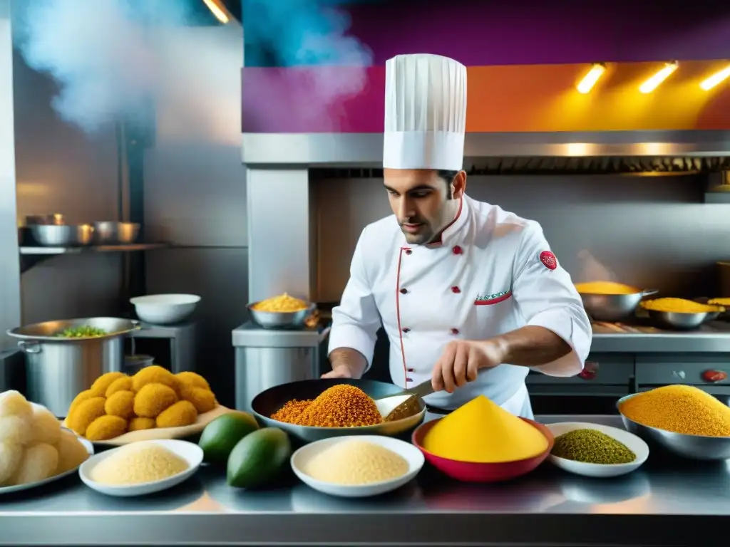 Un chef en una cocina bulliciosa transformando platos tradicionales del Carnaval Uruguayo en creaciones innovadoras